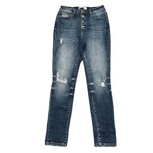 KanCan High Rise Skinny Jeans 9/28 (27x29) Blue Button Fly Distressed Juniors
